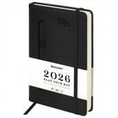 Ежедневник датированный 2026, А5, 138x213 мм, BRAUBERG "Optimal", под кожу, резинка, держатель для ручки, черный, 117465