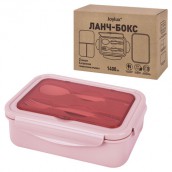 Ланч-бокс контейнер 2 секции, 3+1 отделения, 1,4 л, ложка, вилка, 7х21х14 см, розовый, JOYLUX, 609348