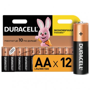 Батарейки КОМПЛЕКТ 12 шт., DURACELL Basic ОРИГИНАЛ, AA (LR6, 15А), алкалиновые, пальчиковые