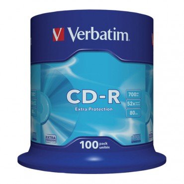 Диски CD-R VERBATIM 700 Mb 52х Cake Box (упаковка на шпиле), КОМПЛЕКТ 100 шт., 43411